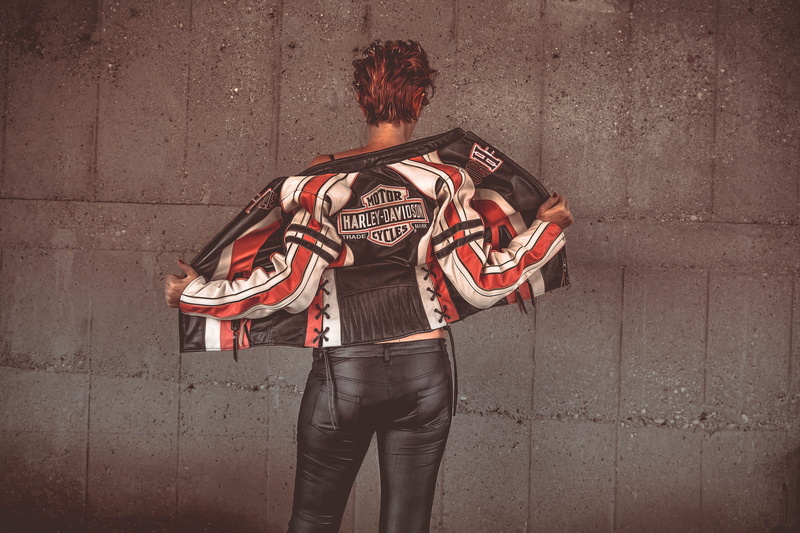 leather jacket, girl, back, background, 1080P, Harley-Davidson