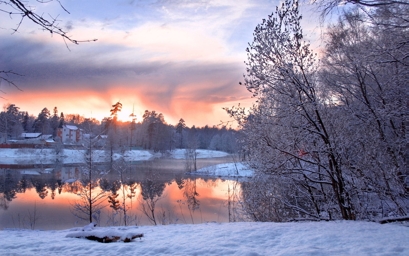 Ponds, Cold, coated, Trees, Houses, Winter, Snow, 1080P, Season, Ice, land
