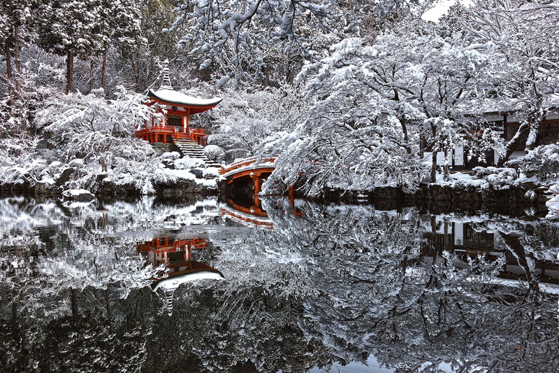 pagoda, Asian architecture, reflection, architecture, water, Japan, landscape, pond, winter, bridge, snow, trees, nature, 1080P