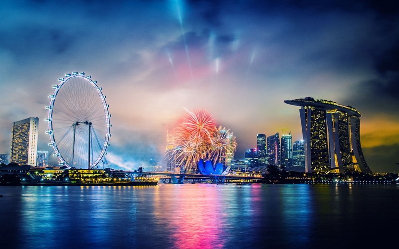 wheel, ferris wheel, fireworks, gorgeous, ferris, city, 1080P, river, night