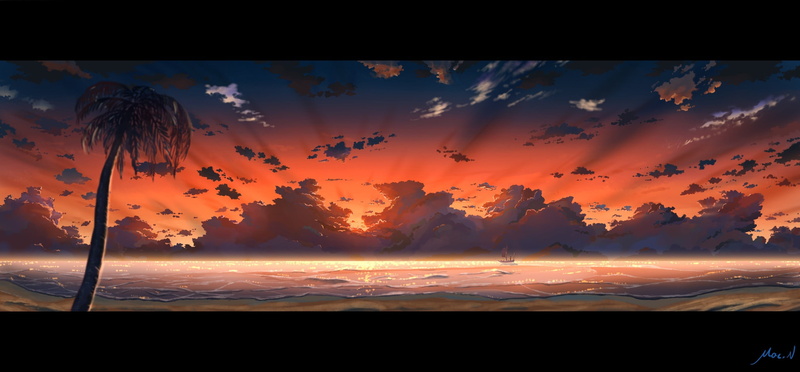water, 2K, no people, sky, silhouette, clouds, idyllic, tranquility, tropical climate, orange color, nature, screen, anime, sunset, palm trees, white