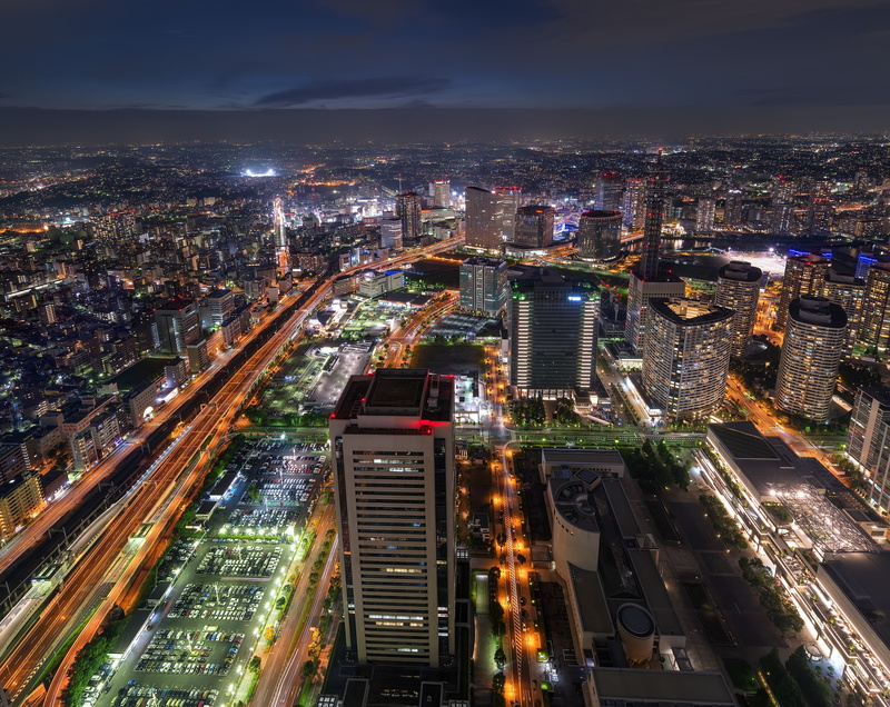 residential district, high angle view, city, Observation, light trail, street, Hour, illuminated, modern, rise, Asia, Japan, high, road, financial district
