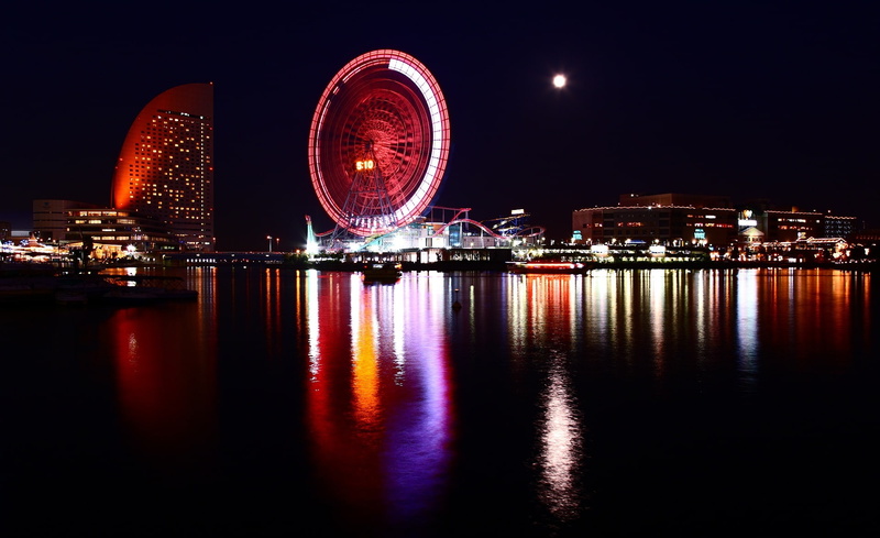 travel destinations, no people, Asia, lights, ferris wheel, water, sky, amusement park, river, reflection, skyscraper, office building exterior, yokohama