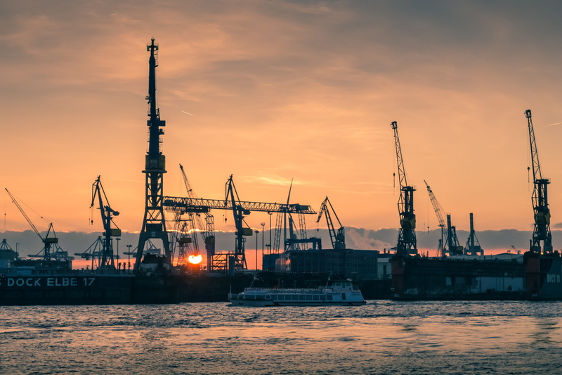 no people, metal, hamburg port, harbor, harbour cranes, grey, container, freight transportation, commercial dock, port city, waterfront, shipping, sunset