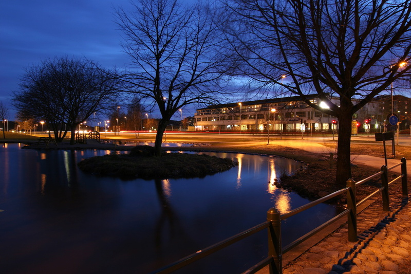 sweden, nocturne, building exterior, built structure, no people, tree, street light, road, night, dark blue sky, sky, reflections on the lake, twilight
