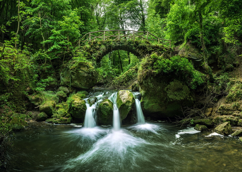 Luxembourg, bridge, Mullerthal, 1080P, waterfall, the Black ernz river, Black Ernz river, river, Schiessentmpel, forest