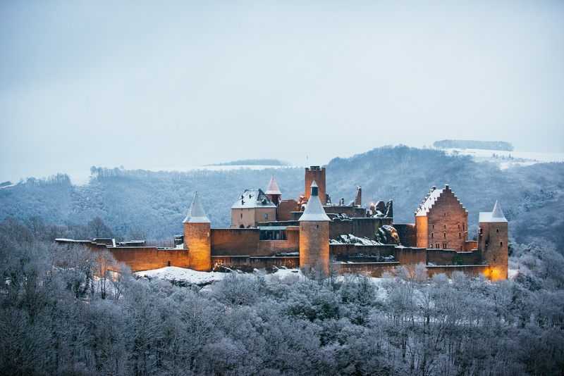 4K, stone, castle, season, surrounded, Winter, brown, Luxembourg, Bourscheid Castle, trees, 8K, 5K