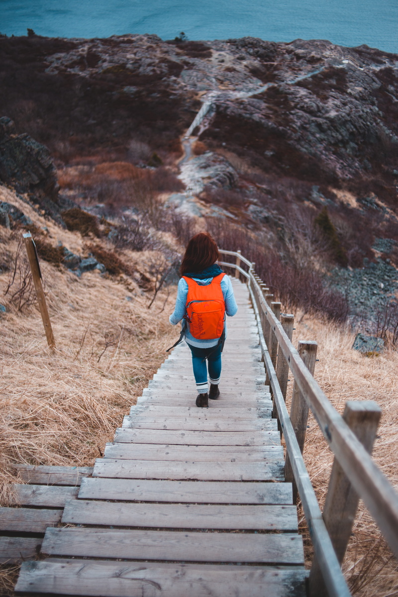 real people, the way forward, lifestyles, architecture, nature, women, full length, stair, outdoors, footbridge, casual clothing, going, rear view, one person
