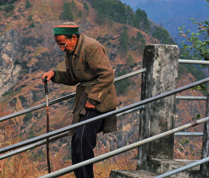 adult, mountain, railing, nature, scenic, pants, males, landscape, person, standing, climb, black, action, cane, one person, real people, lifestyles, environment