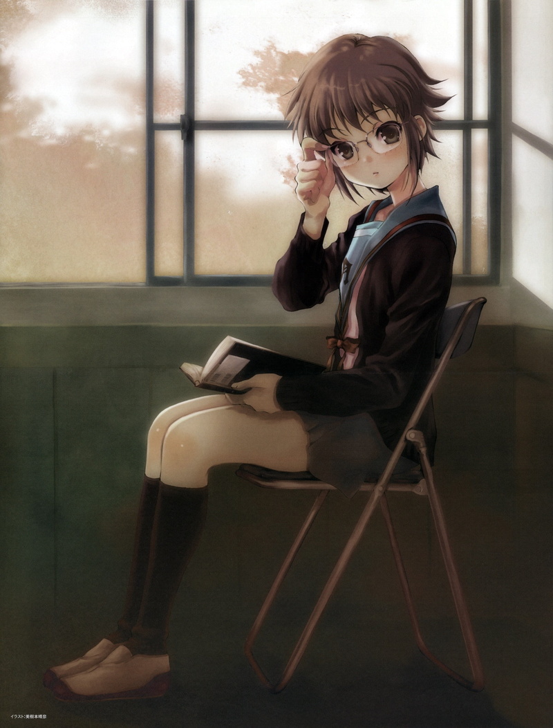 seat, chair, hairstyle, clothing, females, childhood, looking, sitting, girls, full length, window, waiting, contemplation, 1080P, The Melancholy of Haruhi Suzumiya