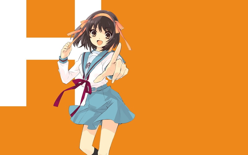 portrait, 1080P, young adult, clothing, adult, front view, beautiful woman, looking at camera, standing, colored background, The Melancholy of Haruhi Suzumiya