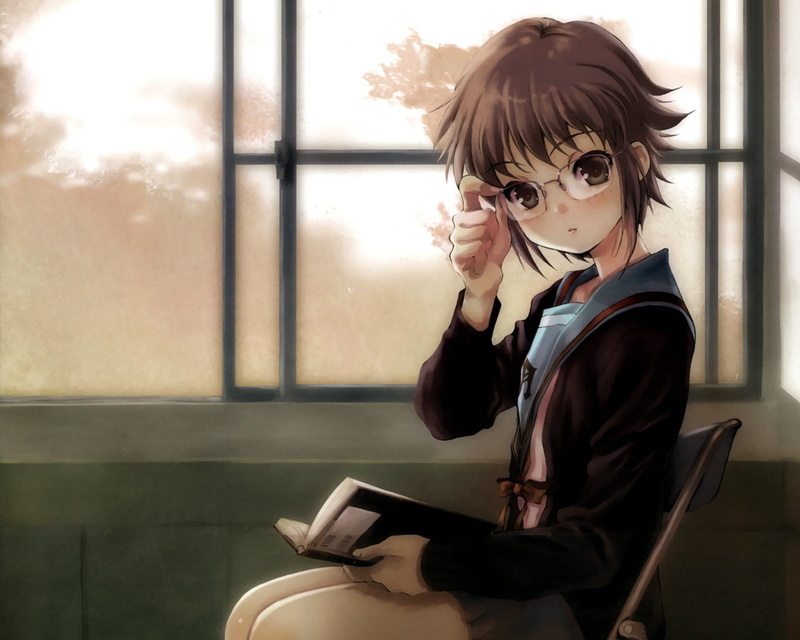 animated, hairstyle, 720P, indoors, sitting, one person, young adult, side view, real people, fashion, girl, nagato yuki, glasses, window, woman, young women