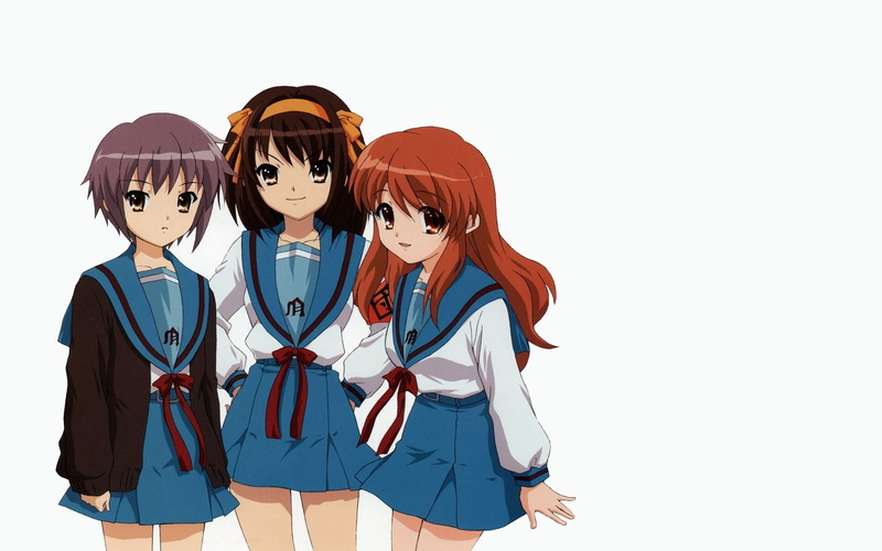 standing, The Melancholy of Haruhi Suzumiya, togetherness, sister, people, Nagato Yuki, looking at camera, Asahina Mikuru, portrait, child, white background