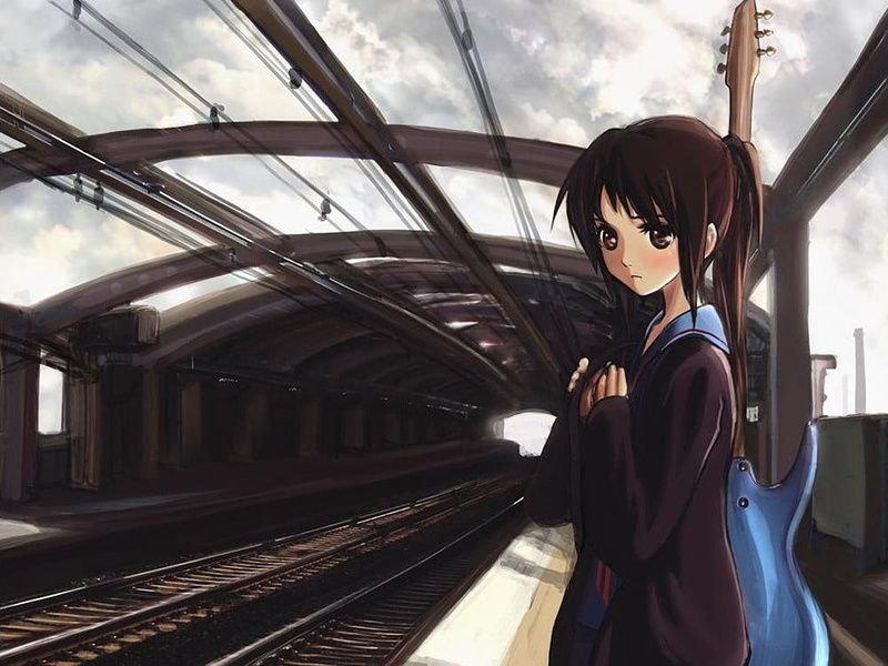 train, lifestyles, standing, track, beautiful woman, anime, railroad station, mode of transportation, one person, adult, travel, railroad track, 480P