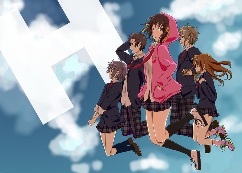 emotion, real people, sky, 480P, low angle view, adult, anime, cloud - sky, outdoors, females, group of people, togetherness, young women, happiness, The Melancholy of Haruhi Suzumiya