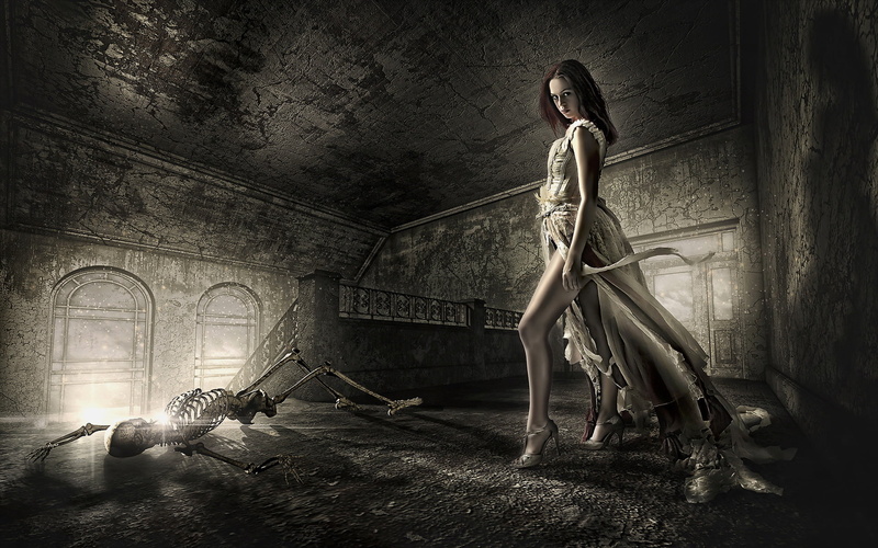 dead, young women, wall - building feature, young adult, dress, abandoned, building, women, full length, wearing, architecture, white, lost, adult, illustration