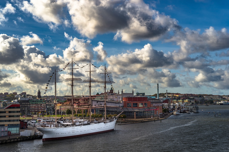 buildings, gothenburg, day, port, ship, water, building exterior, grey, boat, nautical vessel, sea, 5K, daytime, city, sky, mode of transportation, near