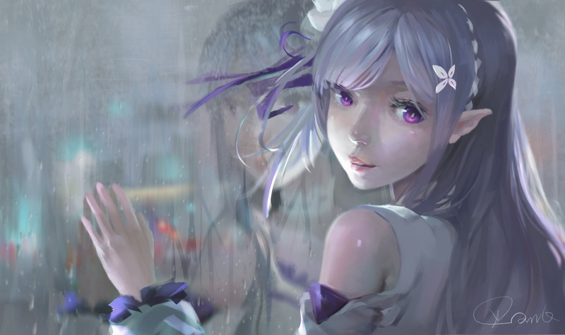 Re:Zero Kara Hajimeru Isekai Seikatsu, 1080P, long hair, elves, gray hair, purple eyes, anime girls, rain, Emilia (Re: Zero), anime