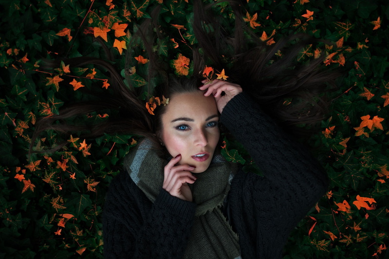 headshot, women, one person, clothing, scarf, warm clothing, outdoors, long hair, nature, young adult, portrait, leaves, beautiful woman, plant, plant part
