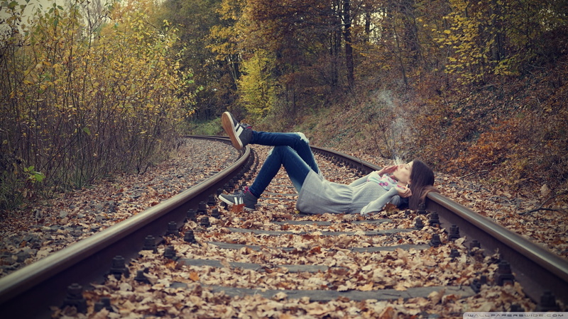 1080P, women, closed eyes, photography, leaves, cigarettes, fall, forest, jeans, railway, women outdoors, lying down, Chill Out, smoking