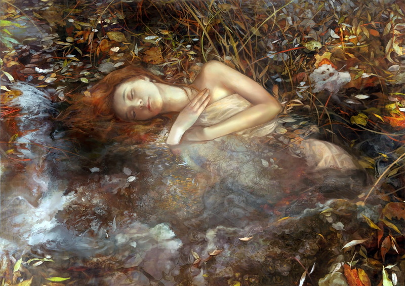 leisure activity, land, fantasy art, adult, lying down, hairstyle, leaf, water, young adult, autumn, women, real people, beautiful woman, one person, portrait