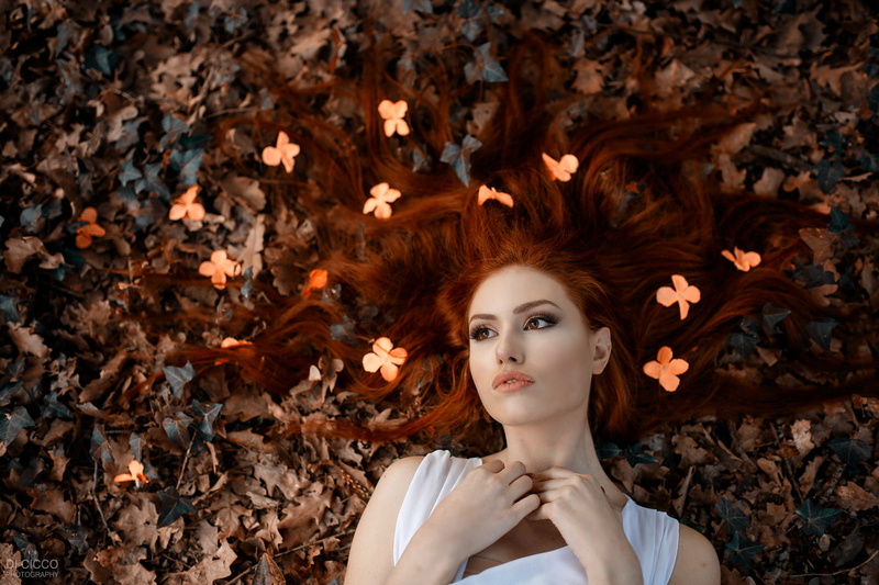 1080P, top view, lying on back, brown eyes, white clothing, fall, juicy lips, leaves, Alessandro Di Cicco, redhead, Valentina Galassi, looking away, women