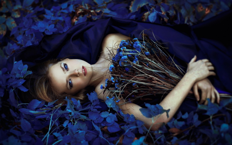 leaves, lying on back, blue flowers, bouquets, women outdoors, model, flowers, fantasy girl, women, looking at viewer, blue eyes, bare shoulders, 2K