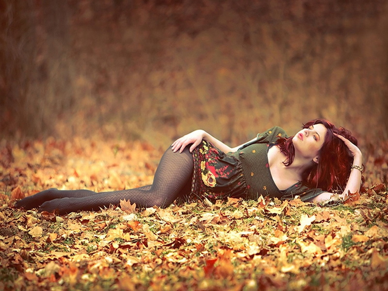 1080P, long, leg, redheads, art, x, leggings, leaves, outdoors, lying, hd, women, autumn, dress, hair, people