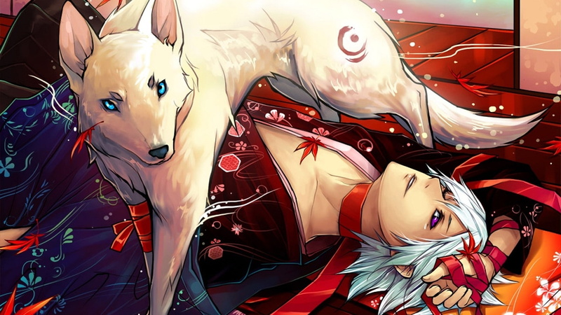 red leaves, wolf, men, 1080P, blue eyes, kimono, leaves, artwork, animals, lying down