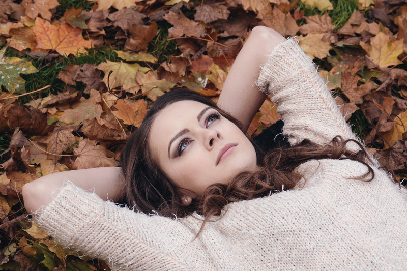 lying down, photography, women outdoors, 4K, face, leaves, portrait, women, model