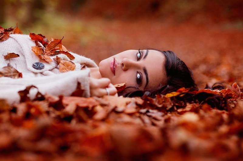 1080P, long hair, brunette, looking at viewer, leaves, women, lying down, fall, portrait, model, face