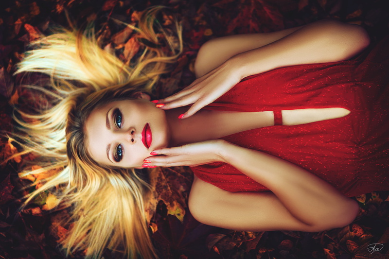 watermarked, blue eyes, women outdoors, bare shoulders, blonde, long hair, painted nails, women, model, red nails, looking at viewer, long nails, dyed hair