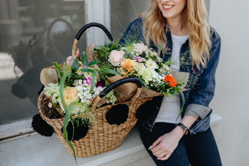 girl, flowering plant, flower head, smile, adult, bunch of flowers, three quarter length, woman, flower, flowers, full, front view, summer, lovely, plant