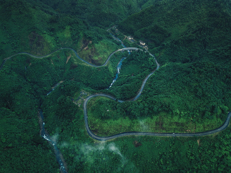 nature, 4K, environment, landscape, zig, grass, high angle view, aerial view, no people, scenics - nature, green color, land, green, curve, road, outdoors