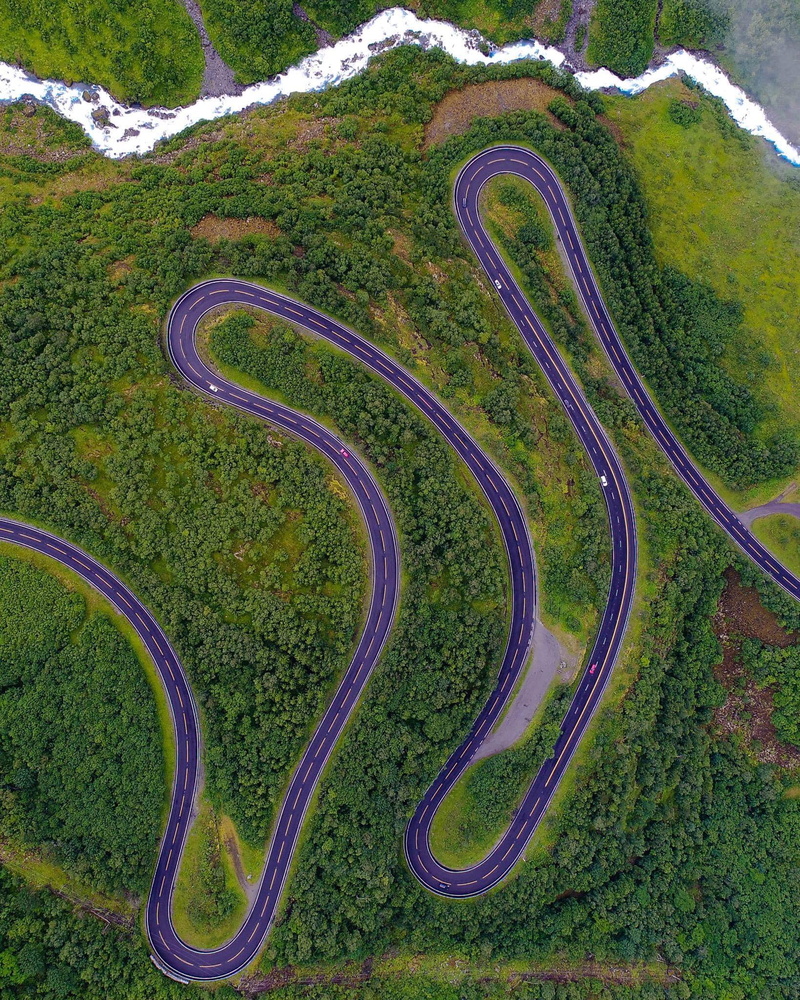gray, woodland, zig, tranquility, aerial view, river, nature, curve, stream, concrete, landscape, 1080P, near, aerial, road, zag, green color, non-urban scene