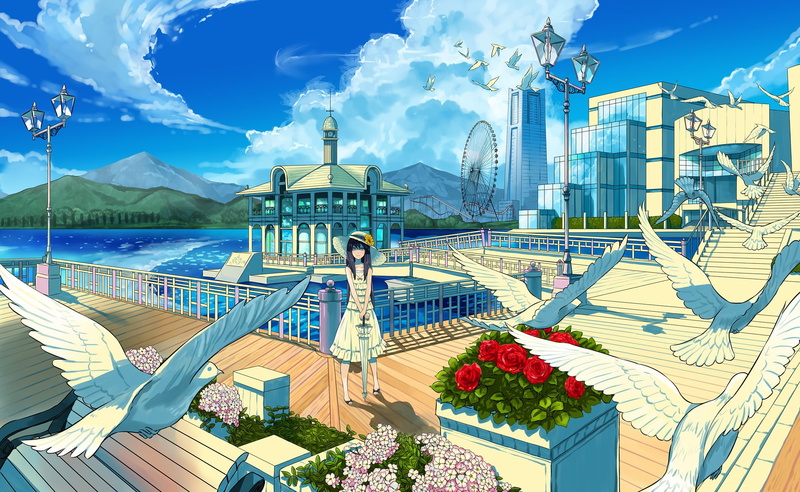 day, city, nature, water, travel destinations, luxury, mountain, cloud - sky, beauty in nature, birds, anime girls, 1080P, sky, parasol, landscape, travel
