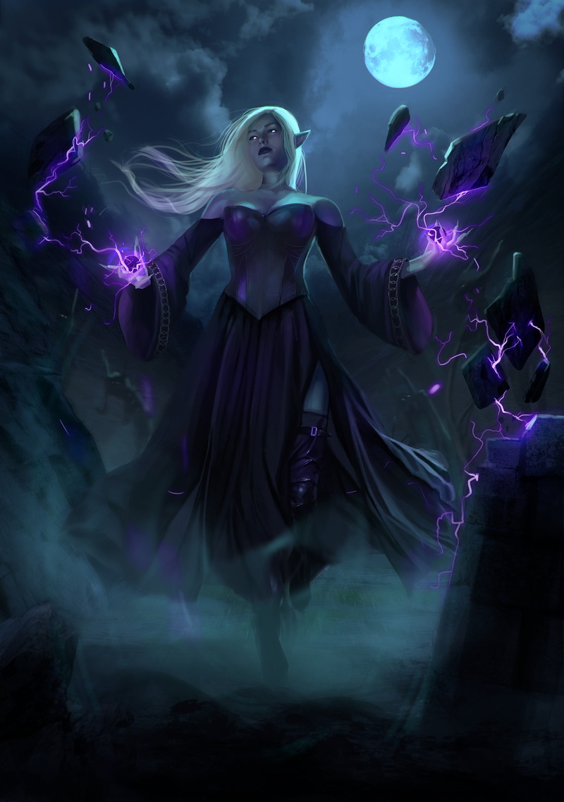 Magdalena Płoszkiewicz, white hair, digital art, 4K, magic, portrait display, Moon, pointed ears, dress, women, blonde, witch, artwork, ArtStation