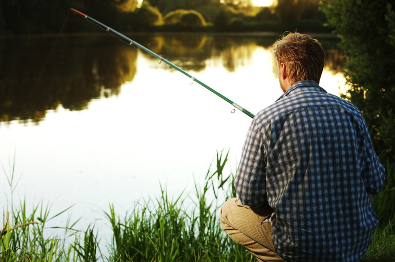 shirt, collard, water, peaceful, leisure activity, blue, holding, outdoors, rear view, day, one person, sitting, fishing, front, real people, plant, activity