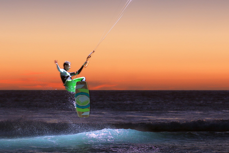 the kitesurfer, light, extreme sports, horizon, sea, sunset, Kiteboard, wave, 1080P, kitesurfing