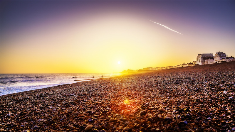 sunset, beach, sea, rocks, ocean, brighton, stones, 4K, water