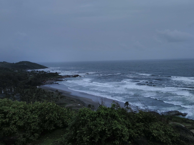 tranquil scene, sky, idyllic, cloudy, land, trees, nature, rain, wave, tranquility, gloomy, fort, plant, scenics - nature, vagator, day, sea, beach, mountain