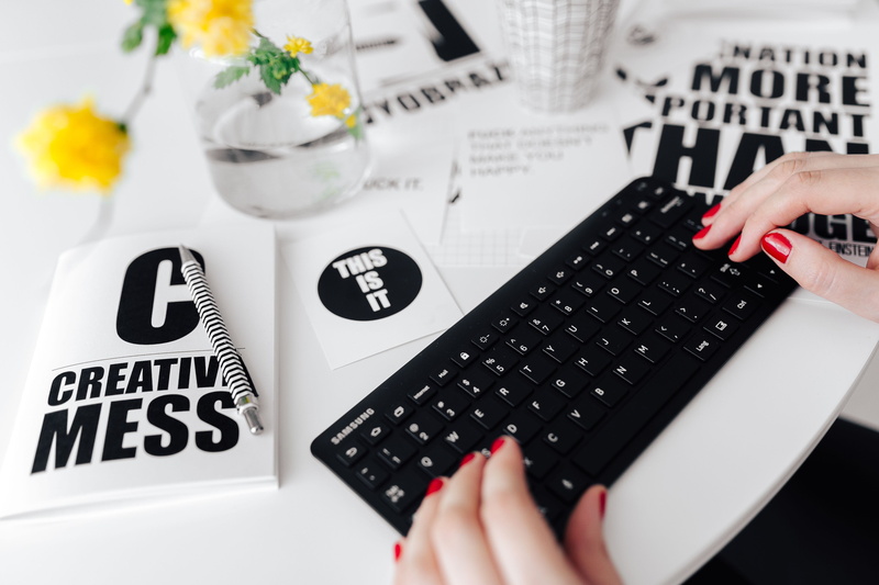 communication, hand, female, workplace, female office, minimalist, typing, keyboard, hands, one person, adult, laptop, workspace, scandinavian, writing