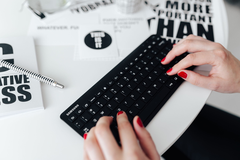 workspace, scandinavian, minimalist, blogger, high angle view, human hand, 4K, wireless technology, one person, typing, keyboard, hands, finger, red nail polish