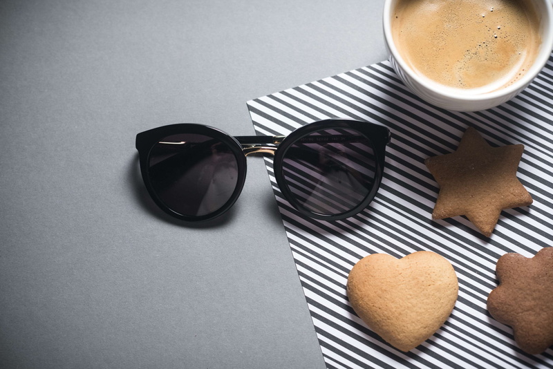 high angle view, drink, food, table, freshness, refreshment, personal accessory, eyewear, cookies, cup, heart shape, caf, 4K, glass, fashion, glasses