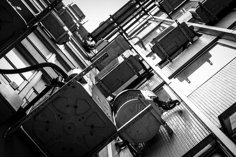 sky, day, black and white, city, tilt, architecture, clock, air conditioning, building exterior, building, 4K, time, low angle view, house, residential district