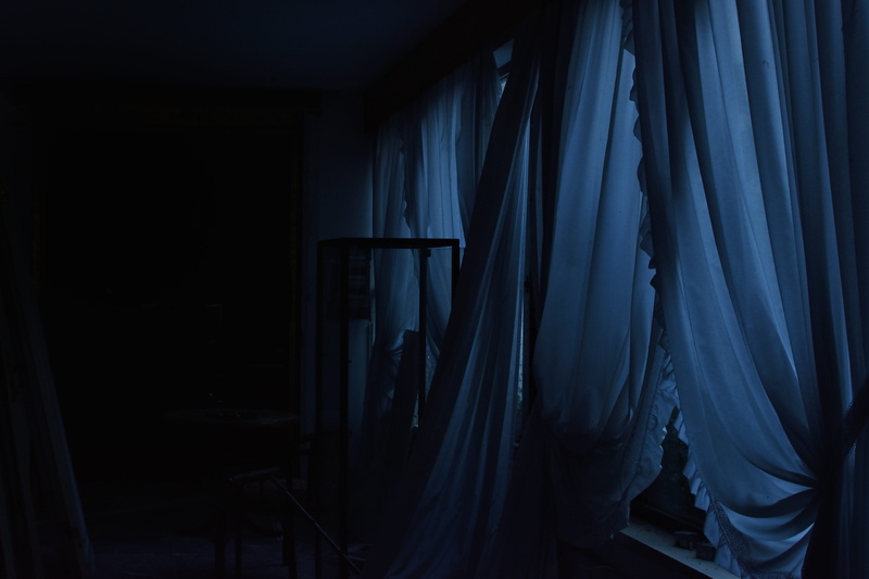 indoors, hanging, no people, absence, lifestyles, curtain, stage theater, blue, 5K, window, standing, textile, bed, stage, home interior, mystery, home decor