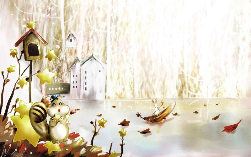 near, brown, 1080P, autumn, painting, vector, lake, rabbit, seasons, season, animals, 3d and abstract, squirrel, black
