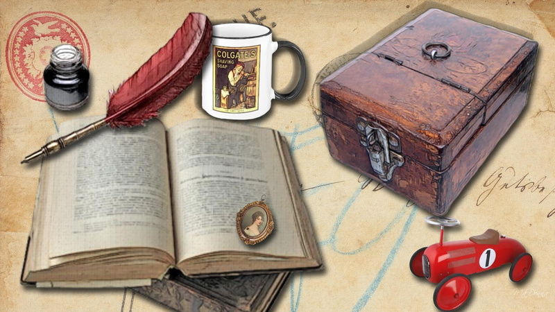postcard, 1080P, firefox persona, ink bottle, toy car, locket, vintage, past, books, shaving mug, antique box