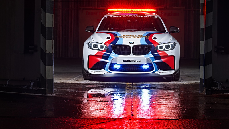 car, photo, BMW M2 Coupé MotoGP, blue, police, white, sport car, Safety Car, bmw, 4K, red