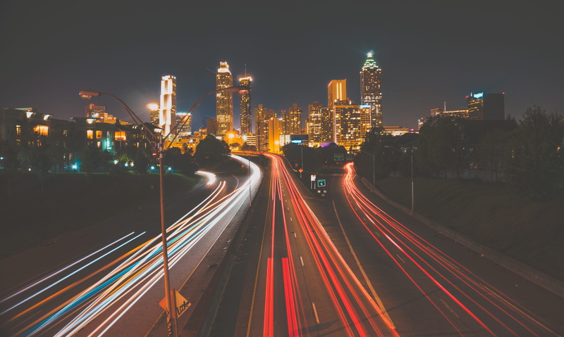 united states, outdoors, night time, transportation, office building exterior, atlanta, light trail, downtown atlanta, landscape, blurred motion, 5K, street light